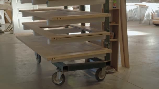 Almacén de huecos de madera. producción de puertas interiores de madera — Vídeo de stock