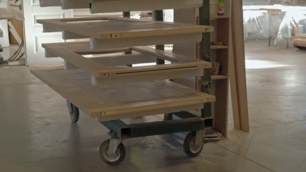 Almacén de huecos de madera. producción de puertas interiores de madera — Vídeos de Stock