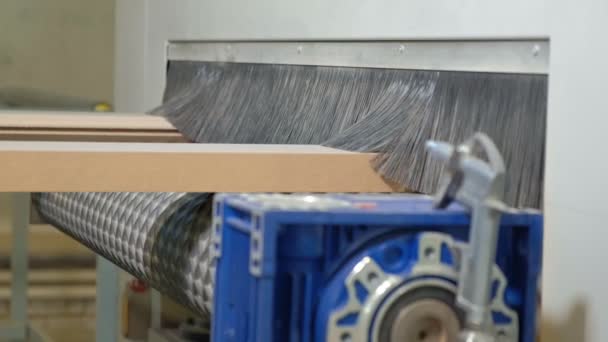 Het proces van het slijpen van houten deuren op de machine.production van binnendeuren van hout — Stockvideo