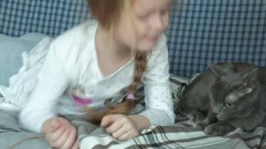 küçük kız bir gri kedi kanepede okşayarak