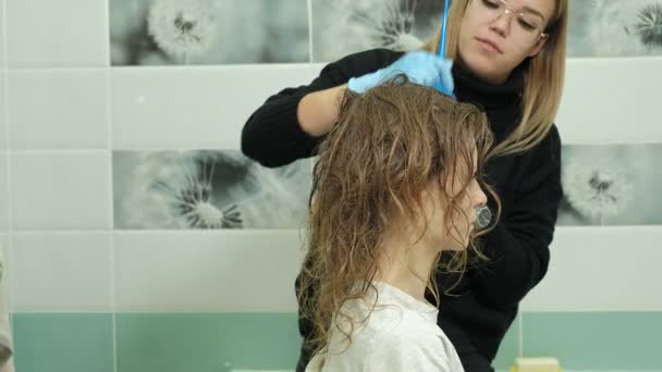 女美发师在家里的浴室里把油漆涂在一个年轻女人的头发上, 用刷子涂在头发上的油漆, 美丽, 时尚 — 图库视频影像