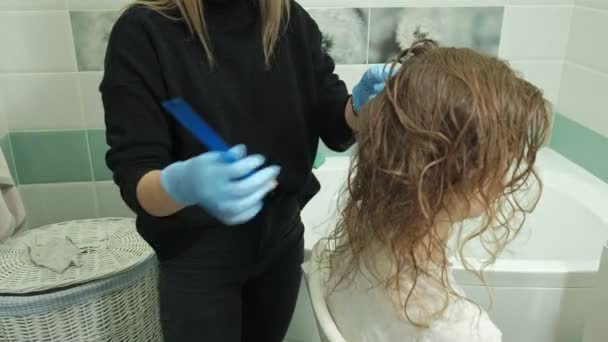 Femme coiffeuse coloriste à la maison dans la salle de bain met de la peinture sur les cheveux d'une jeune femme, applique de la peinture avec un pinceau sur les cheveux, la beauté, la mode — Video