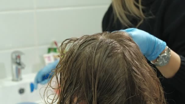 Vrouw Kapper colorist thuis in de badkamer zet verf op de haren van een jonge vrouw, verf met een borstel van toepassing is op de hair, beauty, fashion — Stockvideo