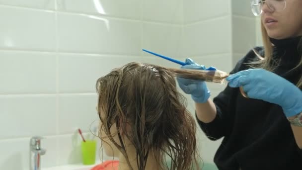 Femme coiffeuse coloriste à la maison dans la salle de bain met de la peinture sur les cheveux d'une jeune femme, applique de la peinture avec un pinceau sur les cheveux, la beauté, la mode — Video