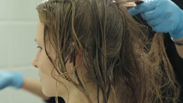 Donna parrucchiere colorista a casa in bagno mette vernice sui capelli di una giovane donna, applica vernice con un pennello sui capelli, bellezza, moda — Video Stock