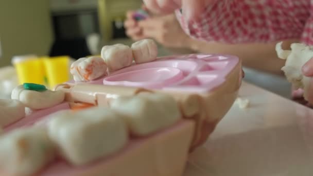 Uma jovem e uma menina moldam seus dentes de plasticina, inserir os dentes em uma mandíbula de brinquedo, jogar um dentista, mãe e filha — Vídeo de Stock