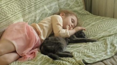 mutlu kız çocuğu sarı saçları ve pigtails bir gri kedi konturlama kanepede yatan ile