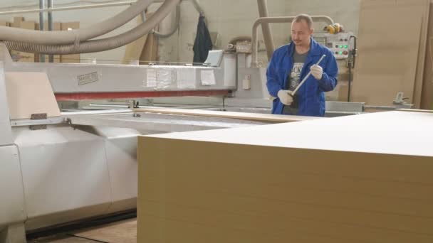 Un hombre sierra los espacios en blanco de madera de la puerta en la máquina, la producción de puertas interiores del pueblo — Vídeos de Stock