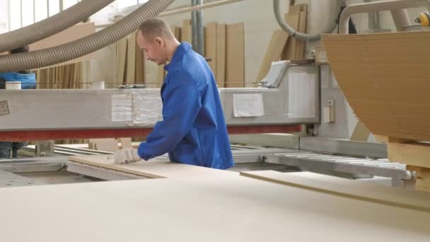 Un hombre sierra los espacios en blanco de madera de la puerta en la máquina, la producción de puertas interiores del pueblo — Vídeos de Stock