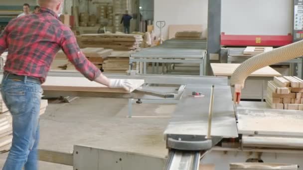 A man saws wooden door blanks on the machine, the production of village interior doors — Stock Video