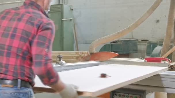 Un hombre sierra los espacios en blanco de madera de la puerta en la máquina, la producción de puertas interiores del pueblo — Vídeos de Stock