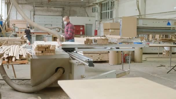 Un homme scie des flans de porte en bois sur la machine, la production de portes intérieures de village — Video