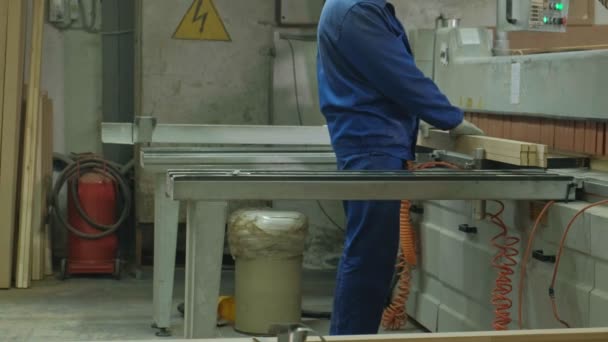 Un hombre sierra los espacios en blanco de madera de la puerta en la máquina, la producción de puertas interiores del pueblo — Vídeos de Stock