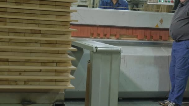 Un hombre sierra los espacios en blanco de madera de la puerta en la máquina, la producción de puertas interiores del pueblo — Vídeos de Stock