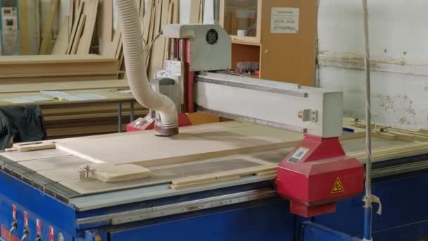 Práce pro frézovací stroje, připravuje dřevěné polotovary pro dveře, výroba vesnice interiérové dveře — Stock video