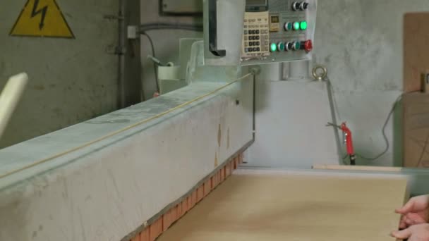 Seorang pria gergaji kosong pintu kayu pada mesin, produksi pintu interior desa — Stok Video