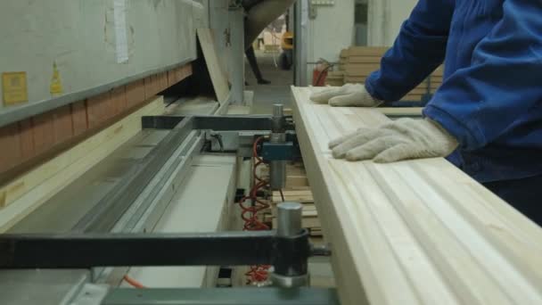 Un hombre sierra los espacios en blanco de madera de la puerta en la máquina, la producción de puertas interiores del pueblo — Vídeo de stock