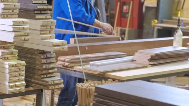 El proceso de recogida de puertas de espacios en blanco de madera, la producción de puertas interiores rústicas — Vídeo de stock