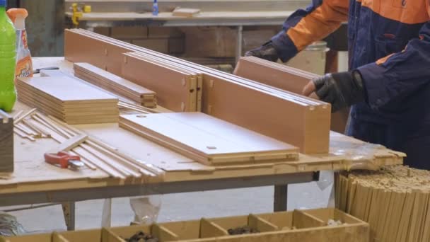 El proceso de recogida de puertas de espacios en blanco de madera, la producción de puertas interiores rústicas — Vídeos de Stock