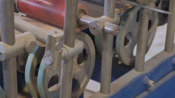 Der Prozess des Furnierens von Holzrohlingen, die Herstellung von rustikalen Innentüren — Stockvideo