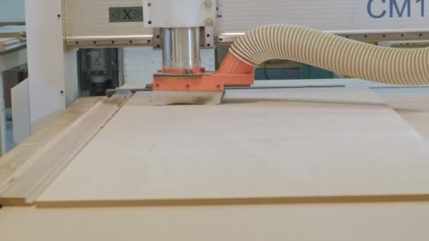 Werken voor de freesmachine, bereidt houten blanks voor de deur, de productie van dorp binnendeuren — Stockvideo