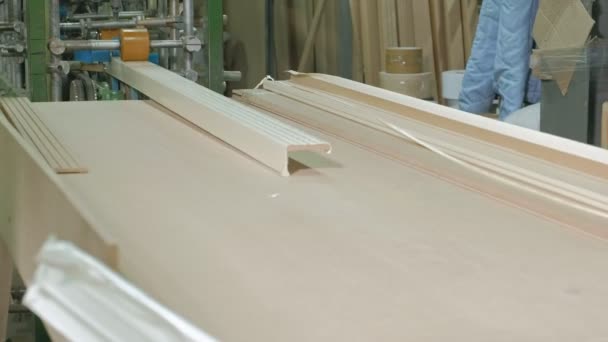 O processo de folheação de espaços em branco de madeira, a produção de portas de madeira — Vídeo de Stock