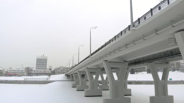 New Bridge Passing Bay Construction Bridge Winter Aerial Photography Quadrocopter — Stock Video