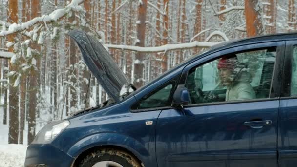 Mulher com um carro de palha na estrada no inverno — Vídeo de Stock