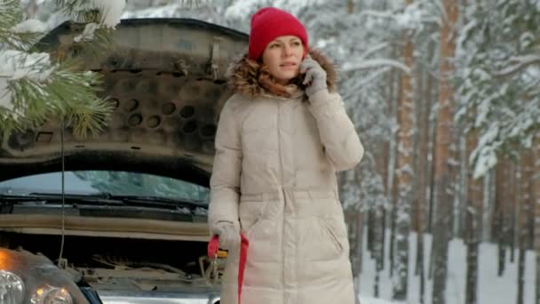 Een Jonge Vrouw Een Winter Forest Staat Weg Met Een — Stockvideo