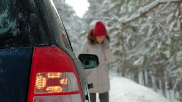 Mujer con un coche de paja en la carretera en invierno — Vídeos de Stock