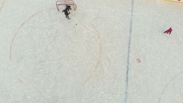 Cheboksary, Rusia - 5 de enero de 2019: niños patinan y juegan al hockey en la pista, el concepto de recreación deportiva, aéreo, rodaje de helicópteros — Vídeo de stock