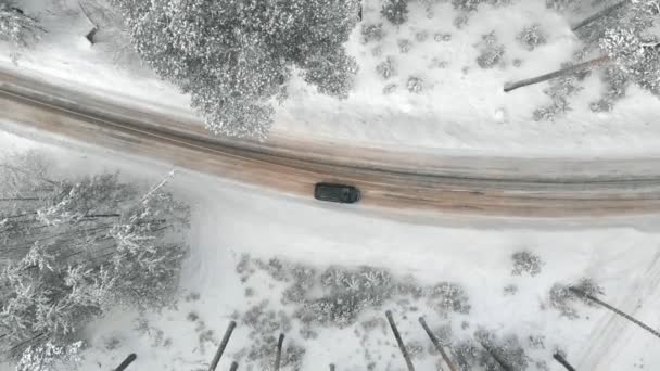 Drum de iarna la tara intr-o padure de zapada, vedere aeriana cu drona — Videoclip de stoc