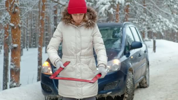 Femme avec une voiture de paille sur la route en hiver — Video