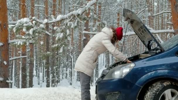 Kvinna med en halm bil på vägen i vinter — Stockvideo