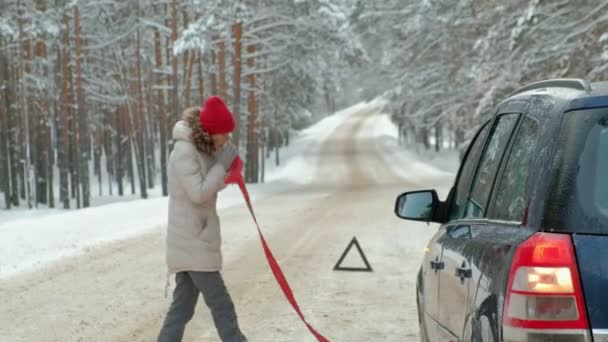 Kvinna med en halm bil på vägen i vinter — Stockvideo