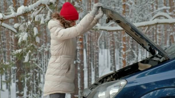 Vrouw met een stro auto op de weg in de winter — Stockvideo