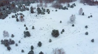 Kar arasında donmuş nehrin hava üstten görünüm. Hava kış manzarası. Helikopter çekimi