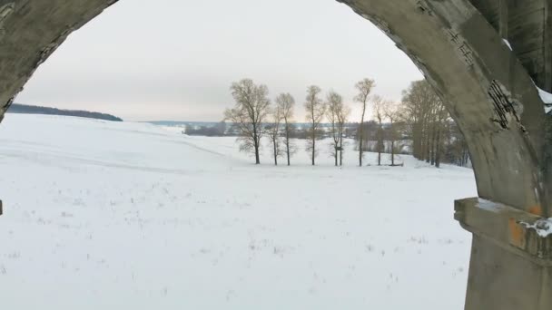 Velho aqueduto ferroviário, ponte de pedra. neve, tempo de inverno. aérea, tiro helicóptero — Vídeo de Stock