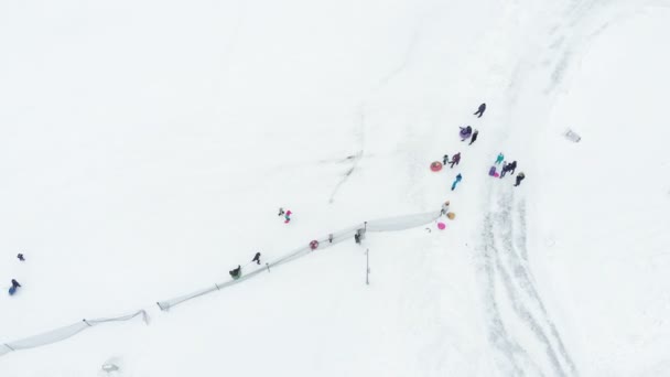 冬の公園で雪で楽しんで幸せな人。航空測量、ヘリコプター撮影 — ストック動画