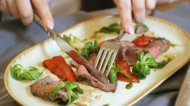 Nahaufnahme-Shooting: ein schmackhaftes Fleischgericht auf einem Teller, Rinderbraten mit Paprika und grünen Salatblättern. — Stockvideo