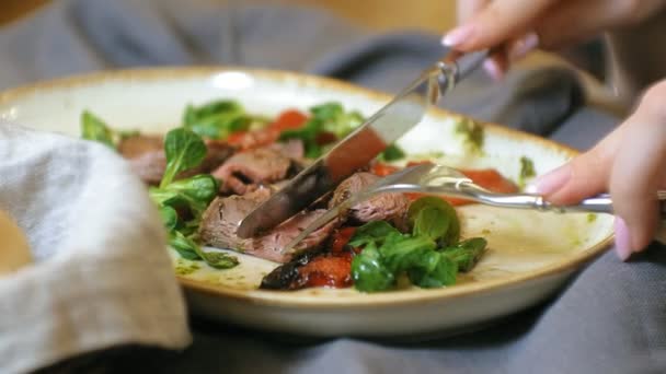 Nahaufnahme-Shooting: ein schmackhaftes Fleischgericht auf einem Teller, Rinderbraten mit Paprika und grünen Salatblättern. — Stockvideo
