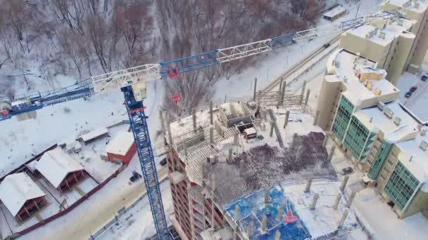 Residential building site, winter, aerial view, copter shoot — Stock Video