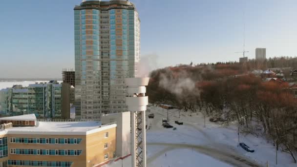 Stainless steel pipe for flue gases from the boiler room, aerial filming — Stock Video