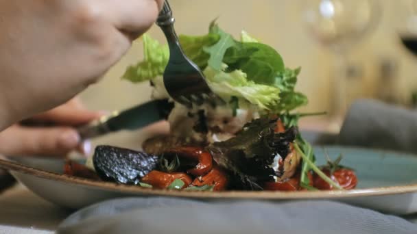 Close-up schieten: heerlijke warme groente salade met kip — Stockvideo