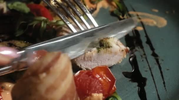 Γκρο πλαν γυρίσματα: κοτόπουλο ψημένο με μπέικον λαχανικά με σάλτσα και πράσινη σαλάτα σε ένα πιάτο μπλε — Αρχείο Βίντεο