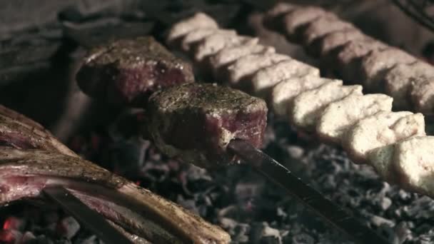 BBQ cooking meat,BBQ, cooking meat — Stock Video