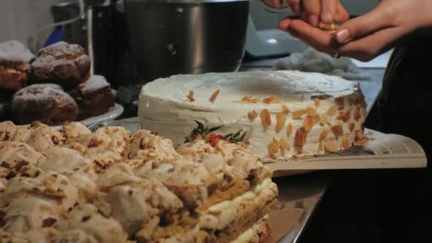 Het concept van het koken. Professionele banketbakker maakt een heerlijke taart, close-up — Stockvideo