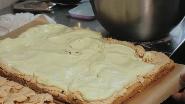O conceito de cozinhar. Chef de pastelaria profissional faz um delicioso bolo, close-up — Vídeo de Stock