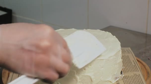 El concepto de cocinar. Chef pastelero profesional hace un delicioso pastel, primer plano — Vídeos de Stock