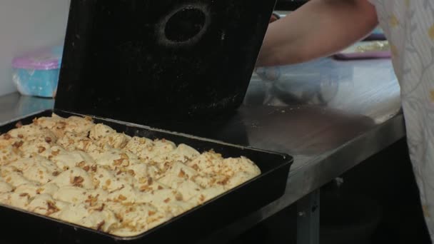 Il concetto di cucina. Pasticcere professionista fa una deliziosa torta, primo piano — Video Stock